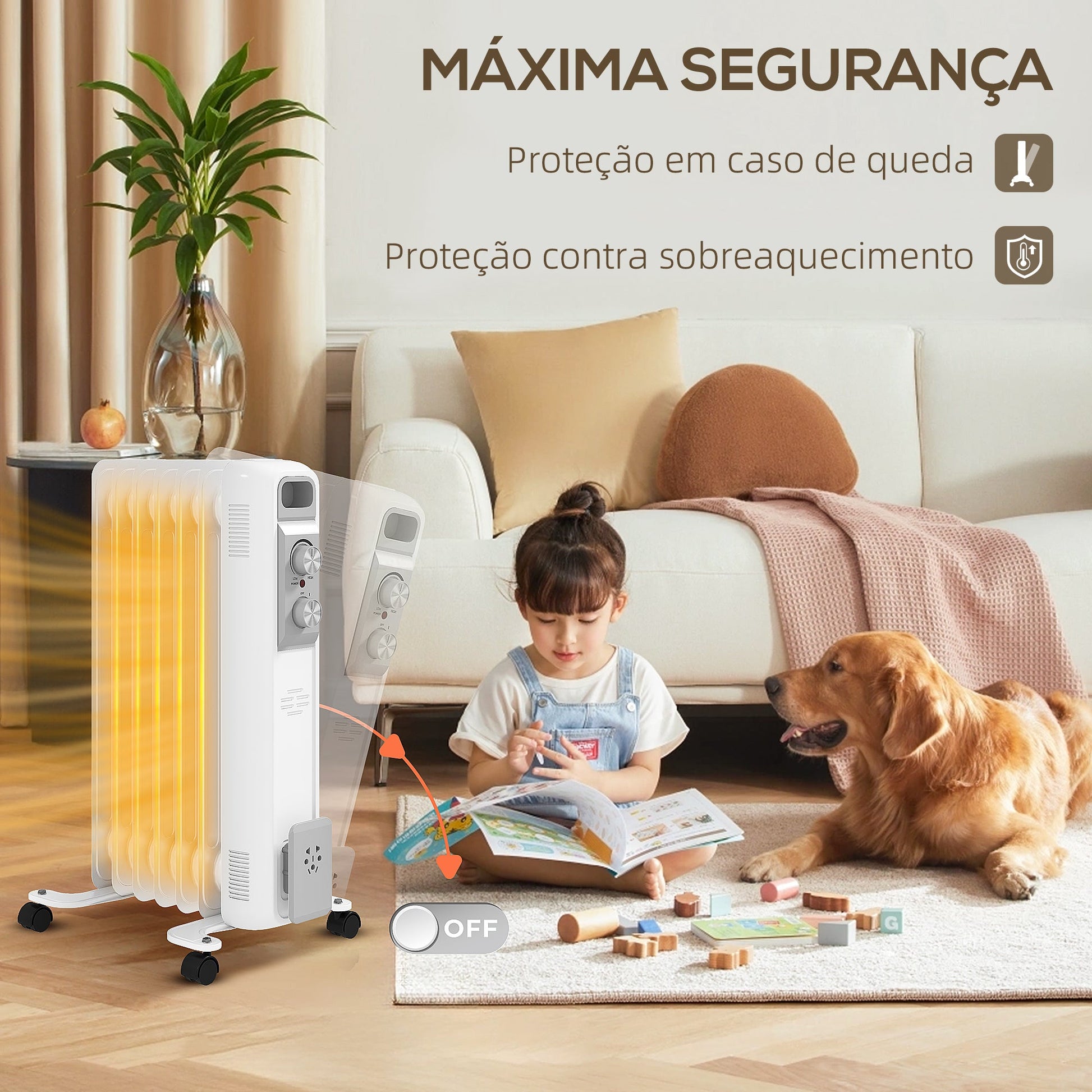 Aquecedor a Óleo Silencioso 1500W Aquecedor Elétrico Baixo Consumo com Rodas Temperatura Ajustável Proteção Sobreaquecimento 3 Configurações de Aquecimento para 20 m² 29x40x62 cm Branco