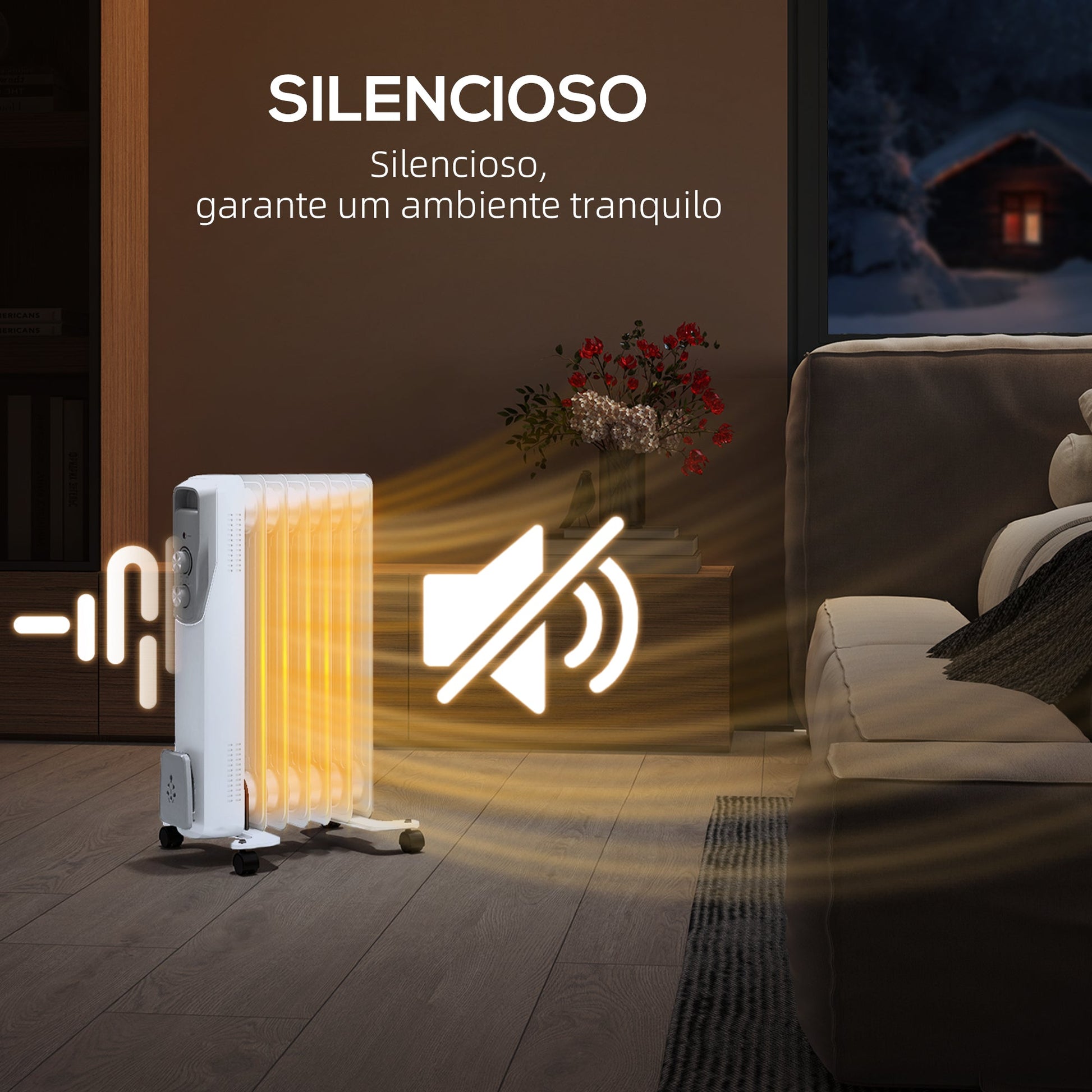 Aquecedor a Óleo Silencioso 1500W Aquecedor Elétrico Baixo Consumo com Rodas Temperatura Ajustável Proteção Sobreaquecimento 3 Configurações de Aquecimento para 20 m² 29x40x62 cm Branco