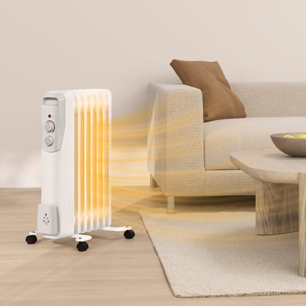 Aquecedor a Óleo Silencioso 1500W Aquecedor Elétrico Baixo Consumo com Rodas Temperatura Ajustável Proteção Sobreaquecimento 3 Configurações de Aquecimento para 20 m² 29x40x62 cm Branco