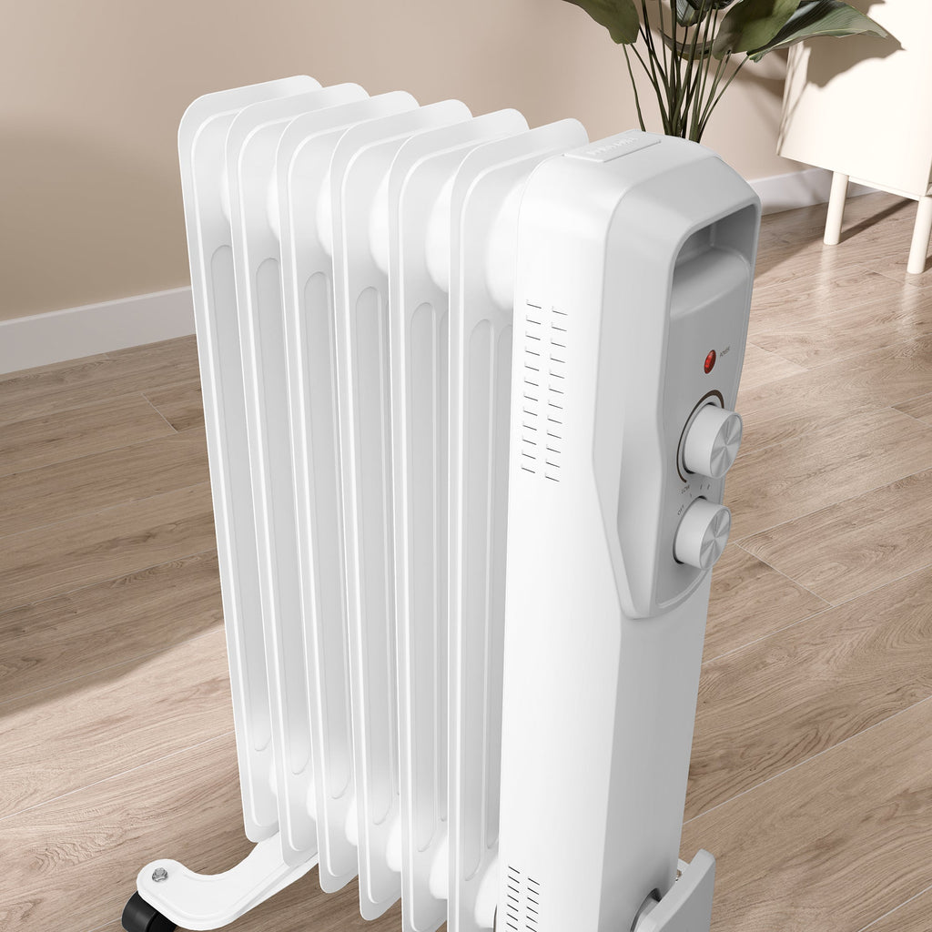 Aquecedor a Óleo Silencioso 1500W Aquecedor Elétrico Baixo Consumo com Rodas Temperatura Ajustável Proteção Sobreaquecimento 3 Configurações de Aquecimento para 20 m² 29x40x62 cm Branco
