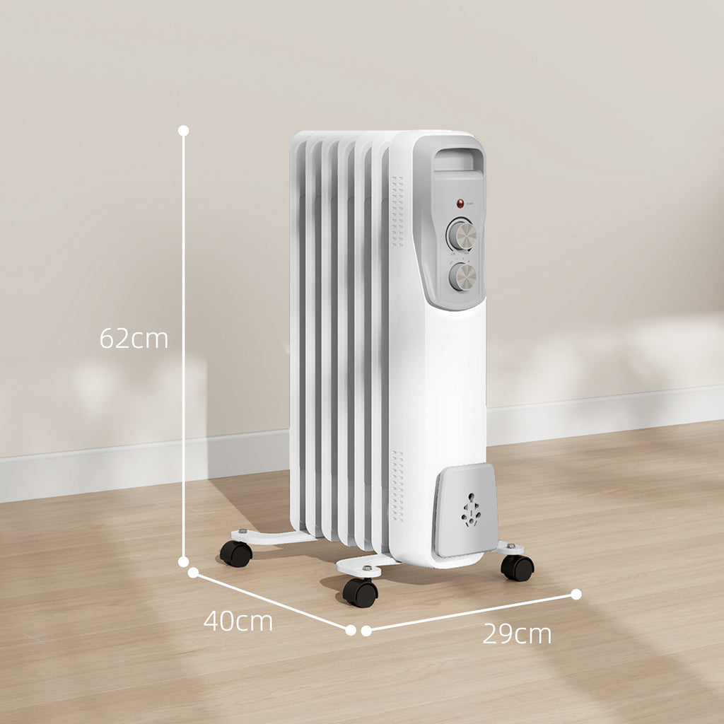 Aquecedor a Óleo Silencioso 1500W Aquecedor Elétrico Baixo Consumo com Rodas Temperatura Ajustável Proteção Sobreaquecimento 3 Configurações de Aquecimento para 20 m² 29x40x62 cm Branco