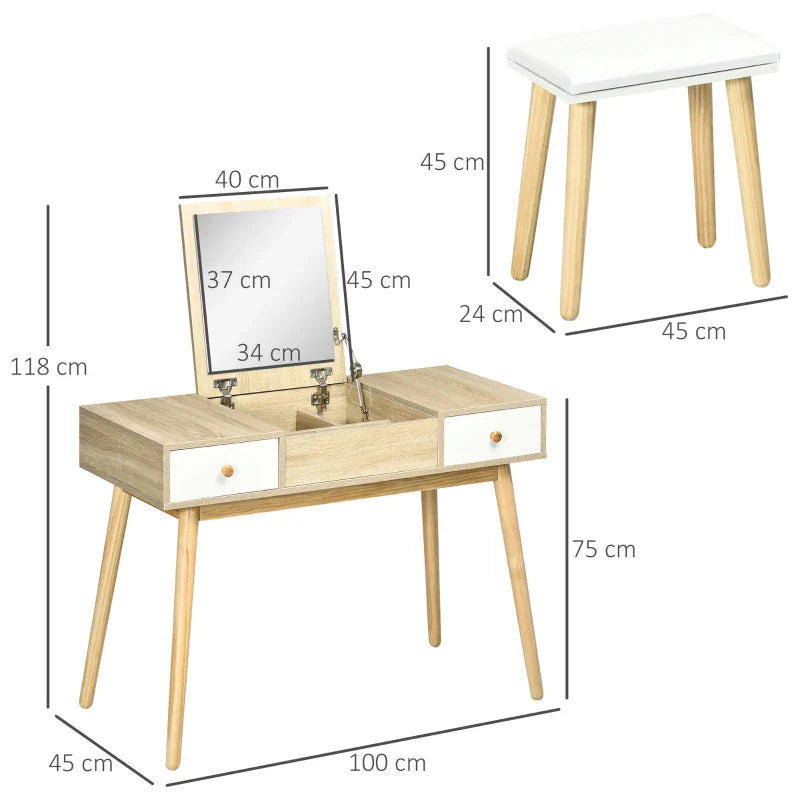 Toucador Natur com Espelho Dobrável e Banco - Design Nórdico - Leva-Me Contigo - Móveis & Decoração