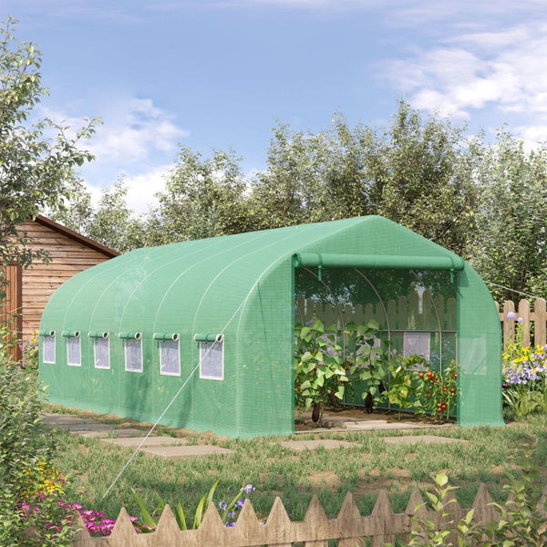 Estufa Tipo Túnel 595x300x200cm Estufa de Jardim Grande com 12 Janelas e Porta Enrolável com Zíper para Cultivo de Plantas Verde