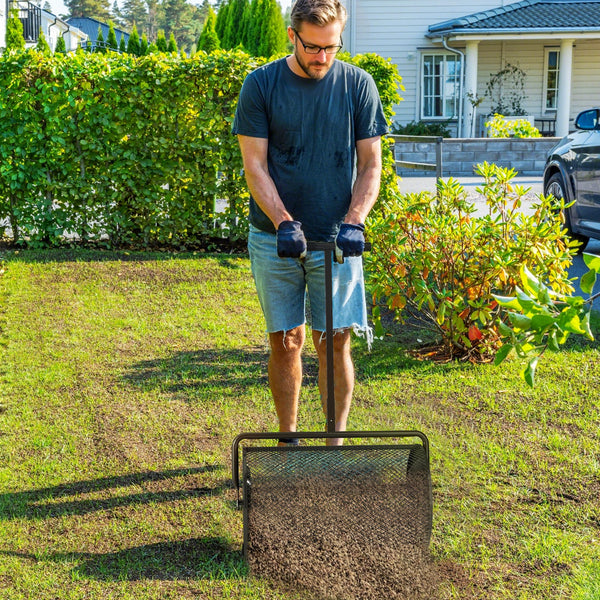 Espalhador de Composto 300L 70x40x112 cm Espalhador de Adubo para Relvado com Guiador Ajustável Cesto de Rede Metálica para Cuidados de Relvado Jardim Preto