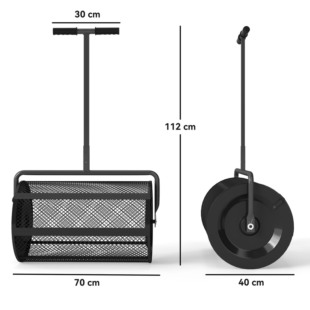 Espalhador de Composto 300L 70x40x112 cm Espalhador de Adubo para Relvado com Guiador Ajustável Cesto de Rede Metálica para Cuidados de Relvado Jardim Preto