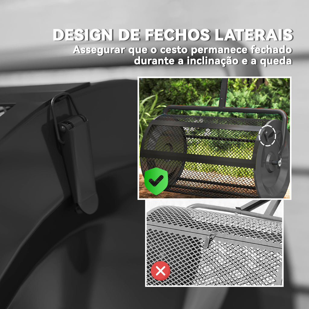 Espalhador de Composto 300L 70x40x112 cm Espalhador de Adubo para Relvado com Guiador Ajustável Cesto de Rede Metálica para Cuidados de Relvado Jardim Preto