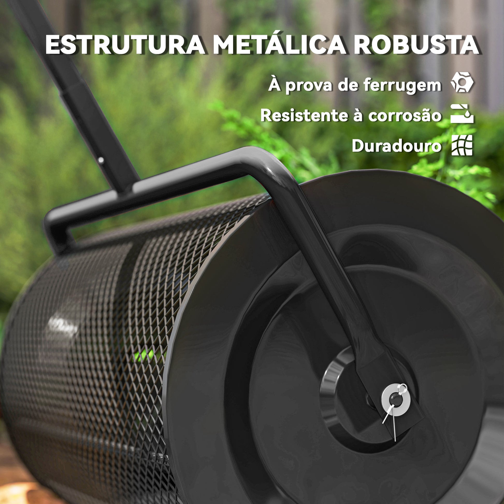 Espalhador de Composto 300L 70x40x112 cm Espalhador de Adubo para Relvado com Guiador Ajustável Cesto de Rede Metálica para Cuidados de Relvado Jardim Preto
