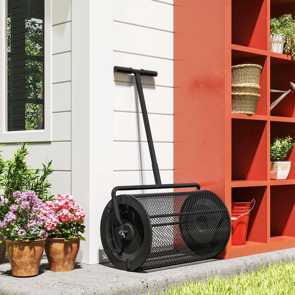 Espalhador de Composto 300L 70x40x112 cm Espalhador de Adubo para Relvado com Guiador Ajustável Cesto de Rede Metálica para Cuidados de Relvado Jardim Preto