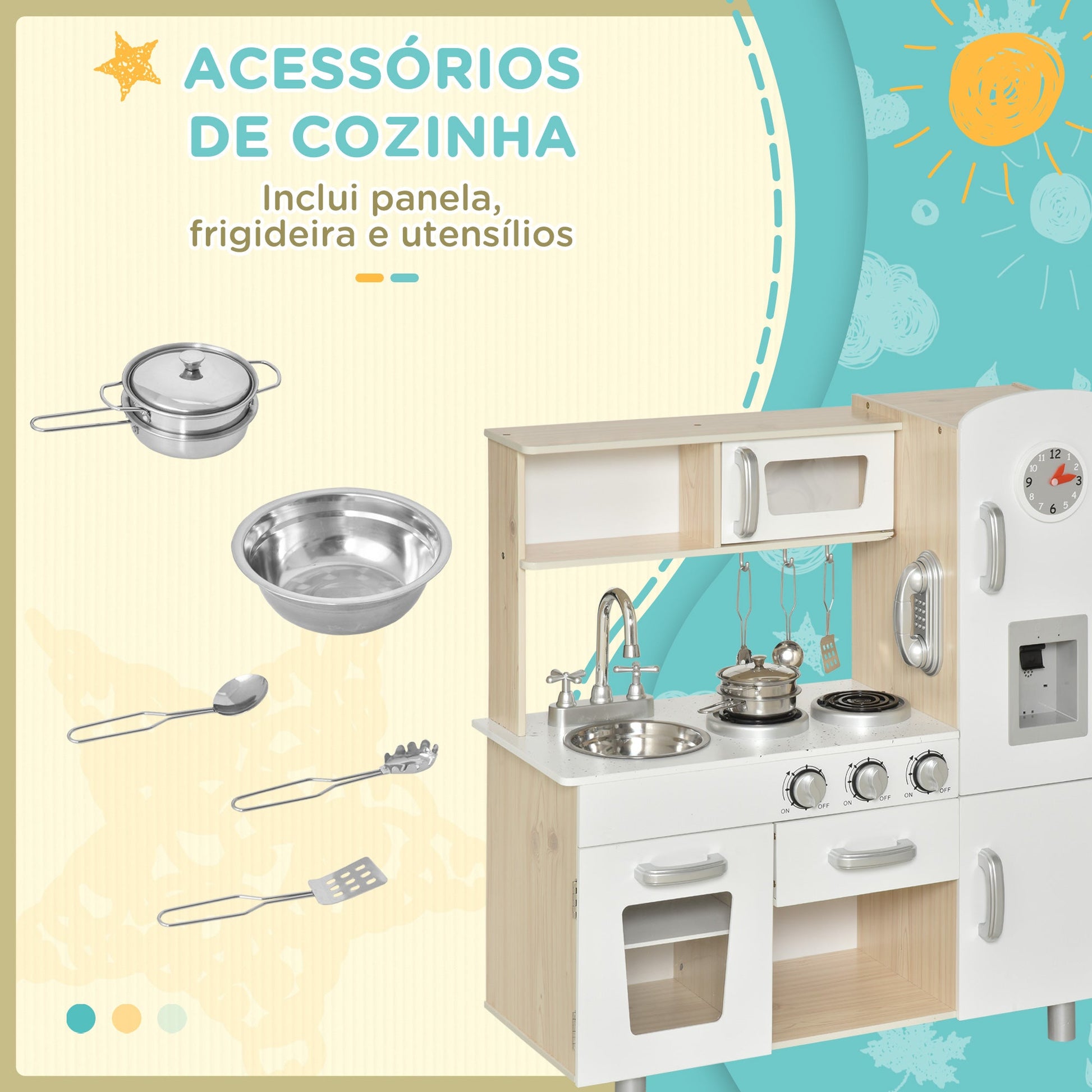 Cozinha de Madeira para Crianças Cozinha de Brinquedo com Lavatório Fogão de Indução e Micro-Ondas e Acessórios Incluídos Cozinha para Crianças acima de 3 Anos 74x30x81 cm Branco