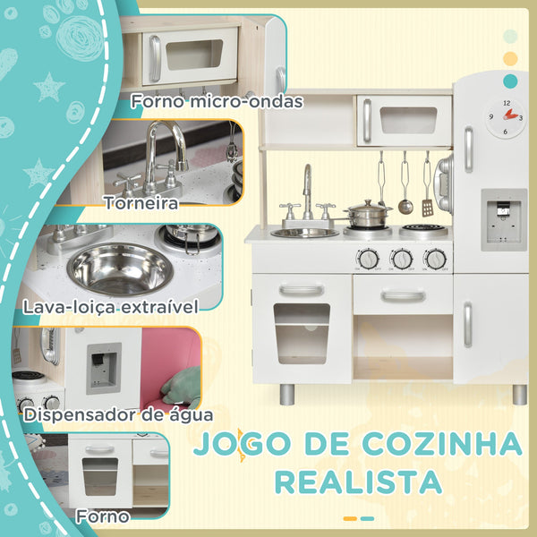 Cozinha de Madeira para Crianças Cozinha de Brinquedo com Lavatório Fogão de Indução e Micro-Ondas e Acessórios Incluídos Cozinha para Crianças acima de 3 Anos 74x30x81 cm Branco