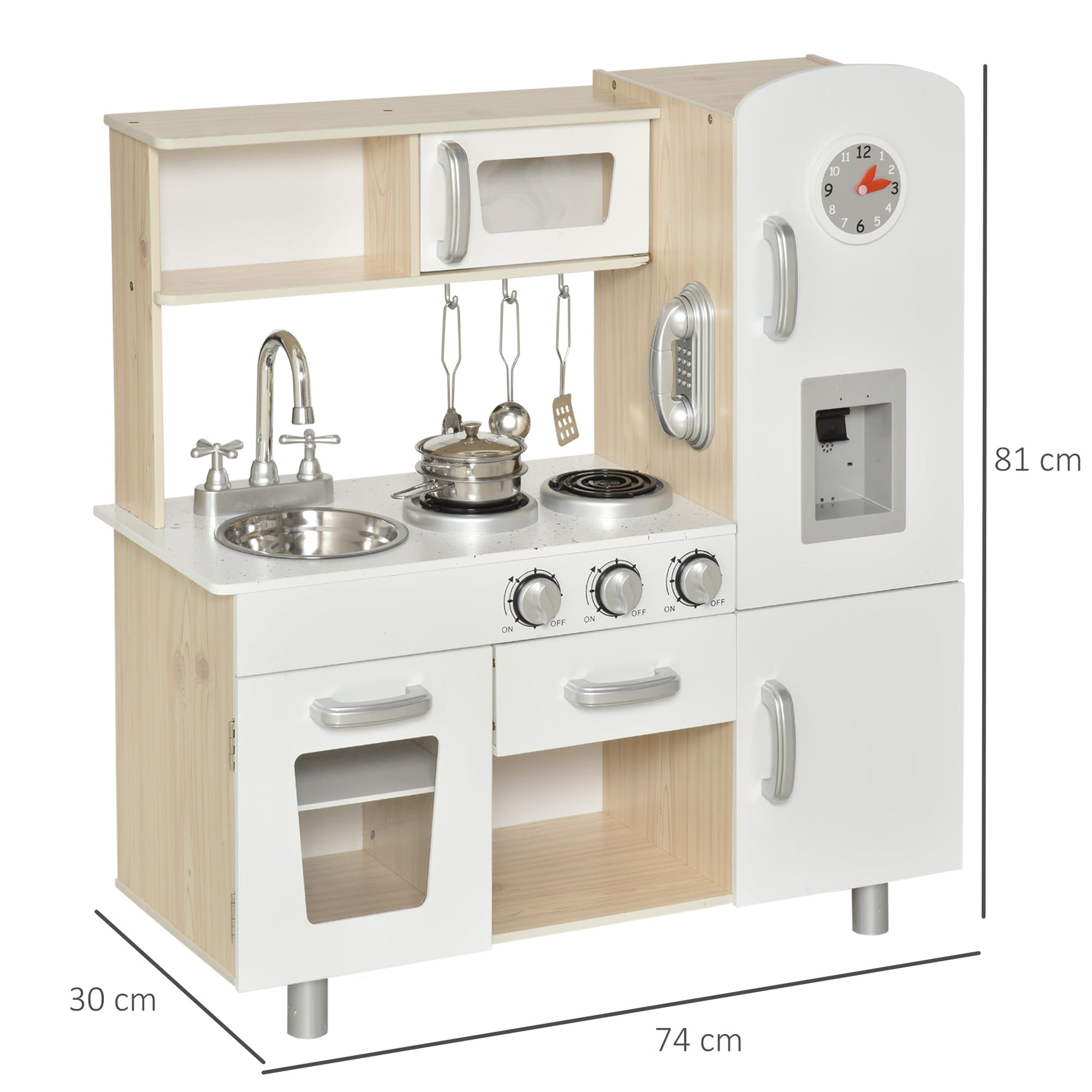 Cozinha de Madeira para Crianças Cozinha de Brinquedo com Lavatório Fogão de Indução e Micro-Ondas e Acessórios Incluídos Cozinha para Crianças acima de 3 Anos 74x30x81 cm Branco
