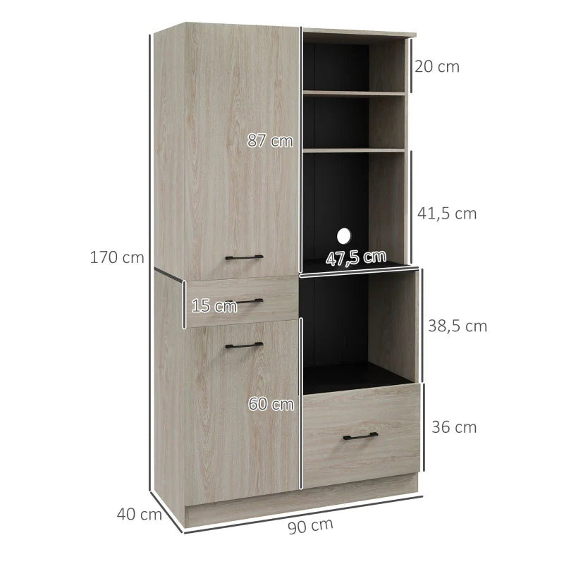 Armário de Cozinha Moderno Armário de Cozinha com 2 Gavetas 2 Armários e 4 Prateleiras Abertas Móvel Auxiliar de Cozinha 90x40x170 cm Madeira e Preto