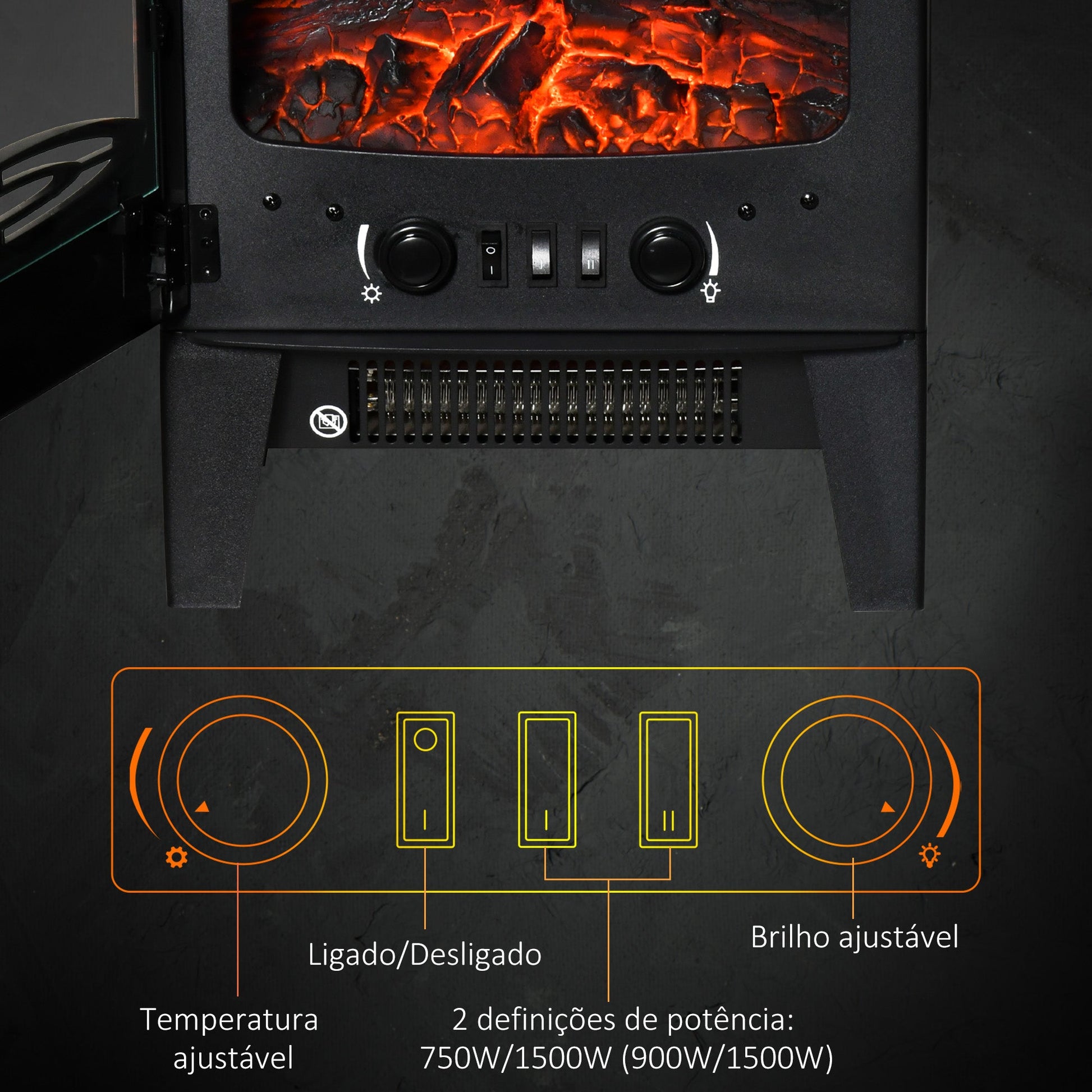 Lareira Elétrica 900W/1800W Lareira Decorativa com Janelas Efeito de Chama Temperatura Ajustável e Proteção Sobreaquecimento para 20-25 ㎡ 39x26x54,8 cm Preto
