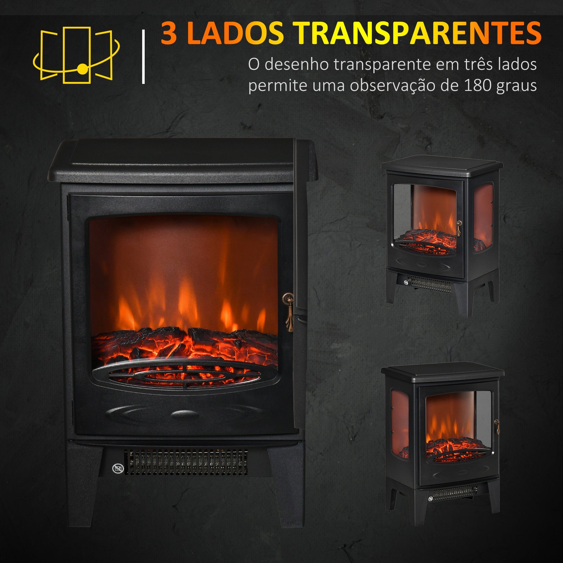Lareira Elétrica 900W/1800W Lareira Decorativa com Janelas Efeito de Chama Temperatura Ajustável e Proteção Sobreaquecimento para 20-25 ㎡ 39x26x54,8 cm Preto
