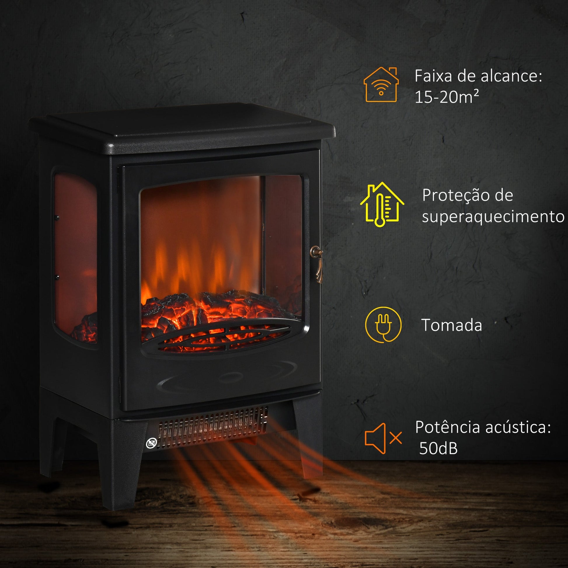 Lareira Elétrica 900W/1800W Lareira Decorativa com Janelas Efeito de Chama Temperatura Ajustável e Proteção Sobreaquecimento para 20-25 ㎡ 39x26x54,8 cm Preto