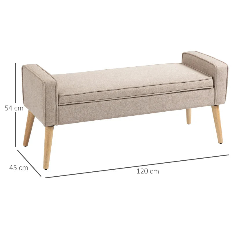 Banco de Armazenamento Baú de Armazenamento Estofado em Linho com Tampa Abatível e Pés de Madeira para Dormitório Sala de Estar Entrada Carga 120kg 120x45x54cm Bege