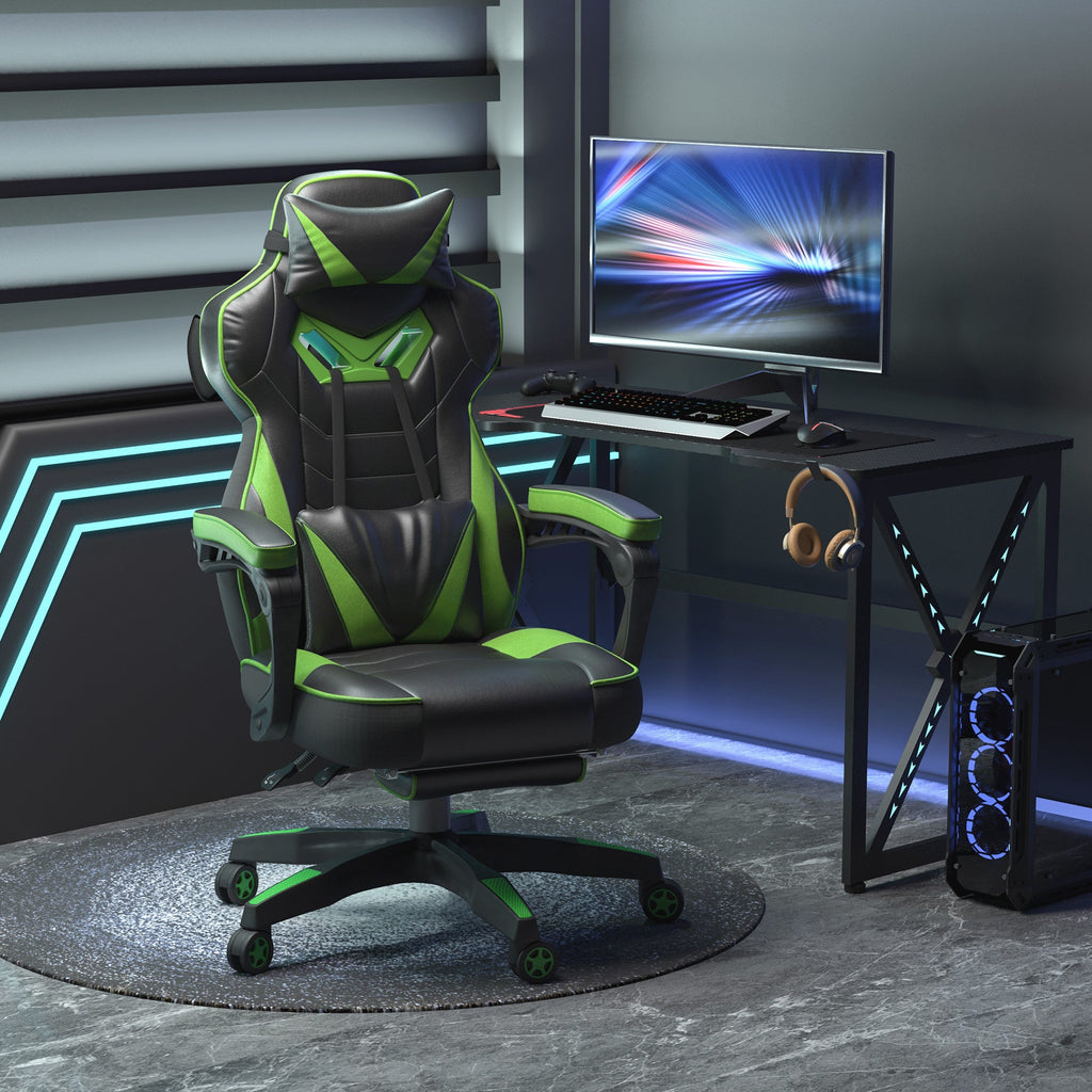 Cadeira de escritorio gaming ergonômica Altura ajustável Reclinável Encosto com apoio para pés Encosto de cabeça Almofada lombar Rodas 65x70x118,5-126,5 cm Verde e Preto