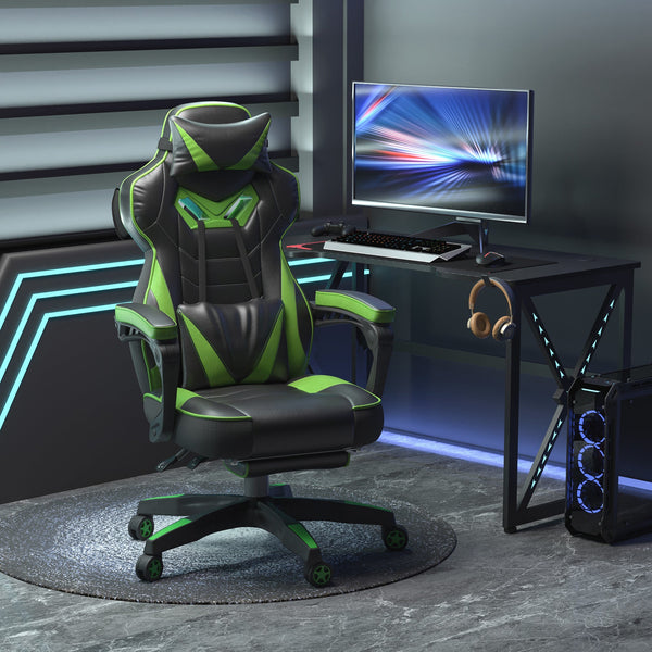 Cadeira de escritorio gaming ergonômica Altura ajustável Reclinável Encosto com apoio para pés Encosto de cabeça Almofada lombar Rodas 65x70x118,5-126,5 cm Verde e Preto