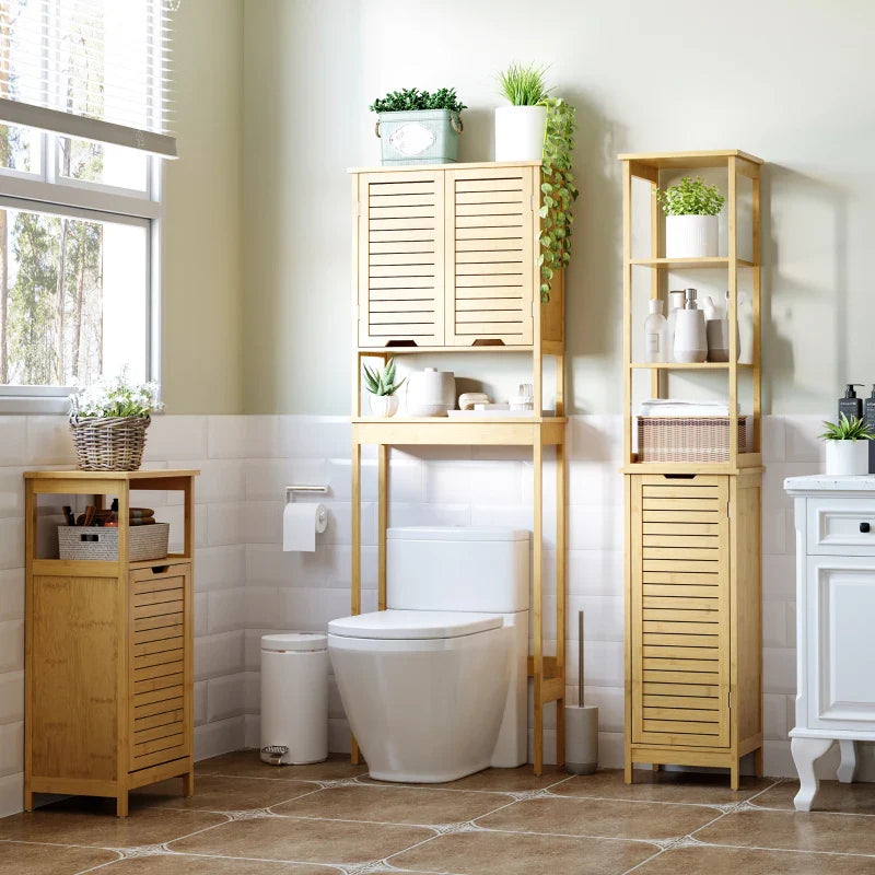kleanklin Móvel de Bambú sobre Sanita Armário Alto para Casa de Banho com 2 Portas 1 Prateleira Interior e 1 Prateleira de Armazenamento 60x23x173cm Natural