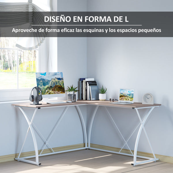 Secretária de Canto Mesa de Computador em Forma de L com Estrutura de Aço 142x142x76cm Natural e Branco
