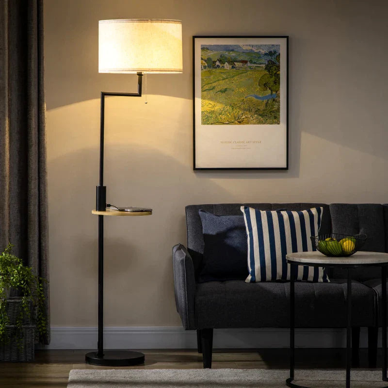 Candeeiro de Pé com Mesa Auxiliar Candeeiro com Prateleira Lâmpada E27 Máx. 40W com Ecrã de Linho Interruptor de Corrente e Carregador USB para Sala de Estar Ø40x168cm Preto e Madeira