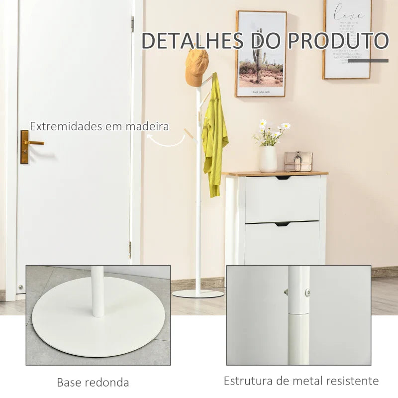 Cabide de Pé de Madeira Cabide de Pé com 6 Ganchos para Roupa Bolsas e Estrutura de Metal para Sala de Estar Entrada Dormitório 35x35x174cm Branco e Madeira