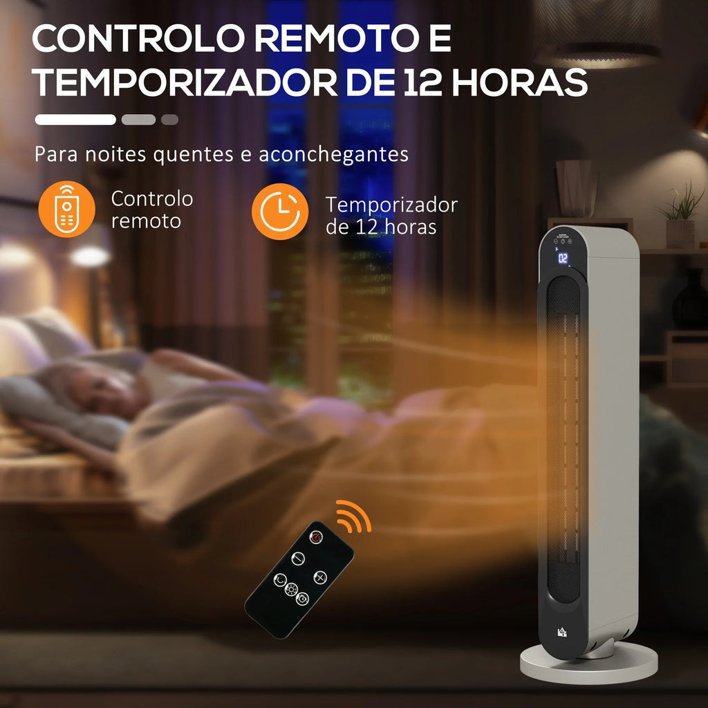 Aquecedor Cerâmico de Torre 1100/2200W com Controlo Remoto Ecrã LED Temporizador de 12h Termostato 3 Modos e Oscilação para 20-25m² Ø25x73,5cm Prata e Preto