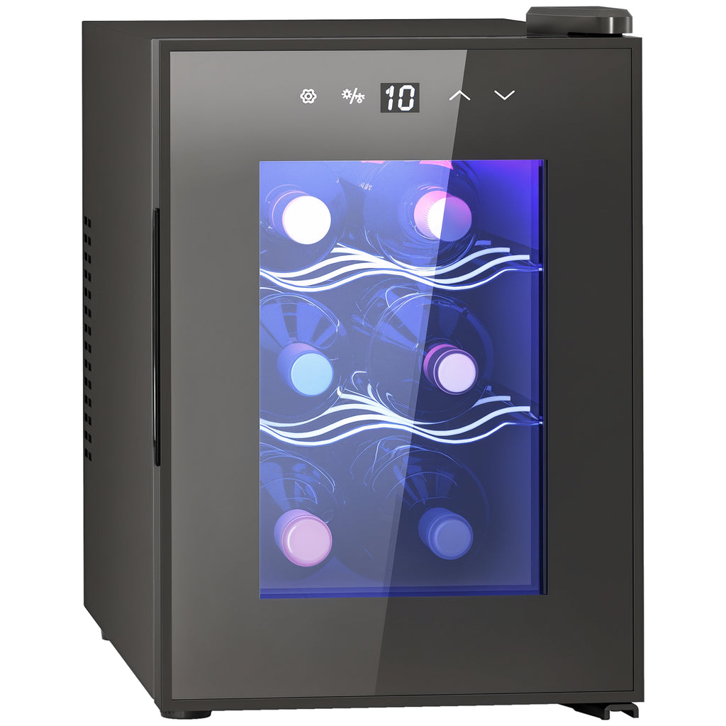 Cave de Vinho para 6 Garrafas com Luz LED Interior Ecrã Tátil Digital Controlo de Temperatura Porta de Vidro Temperado com Proteção UV e 2 Prateleiras Ajustáveis 26,5x51,5x39,3 cm Preto