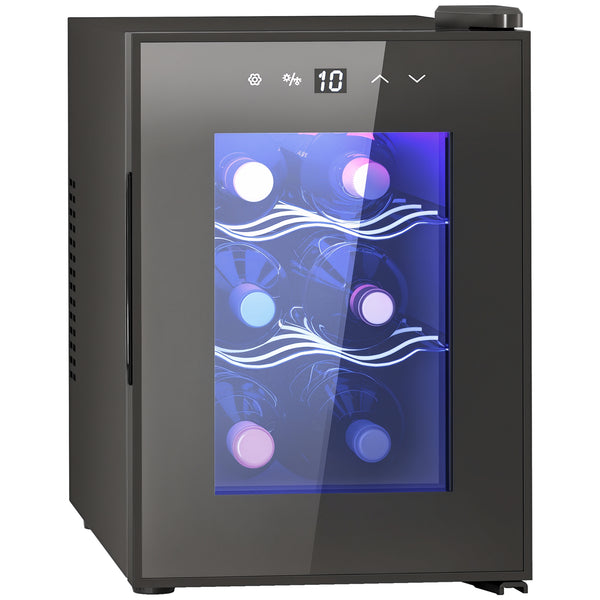 Cave de Vinho para 6 Garrafas com Luz LED Interior Ecrã Tátil Digital Controlo de Temperatura Porta de Vidro Temperado com Proteção UV e 2 Prateleiras Ajustáveis 26,5x51,5x39,3 cm Preto