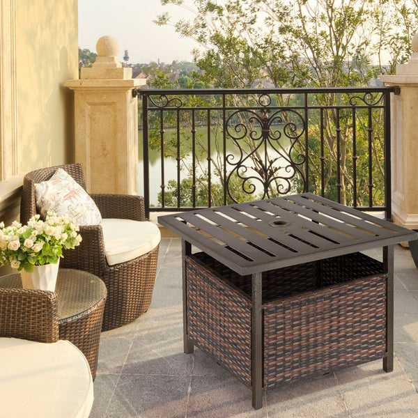 2 em 1 Base para guarda-sol com mesa lateral de vime em aço com para terraçojardim Pátio 55,5x55,5x46 cm marrom