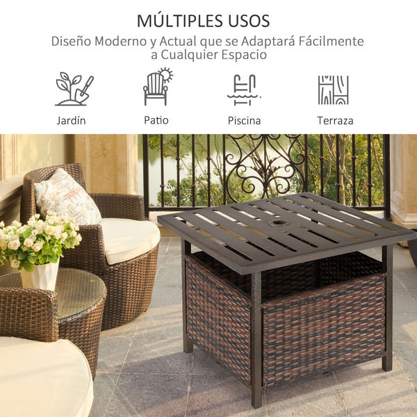 2 em 1 Base para guarda-sol com mesa lateral de vime em aço com para terraçojardim Pátio 55,5x55,5x46 cm marrom