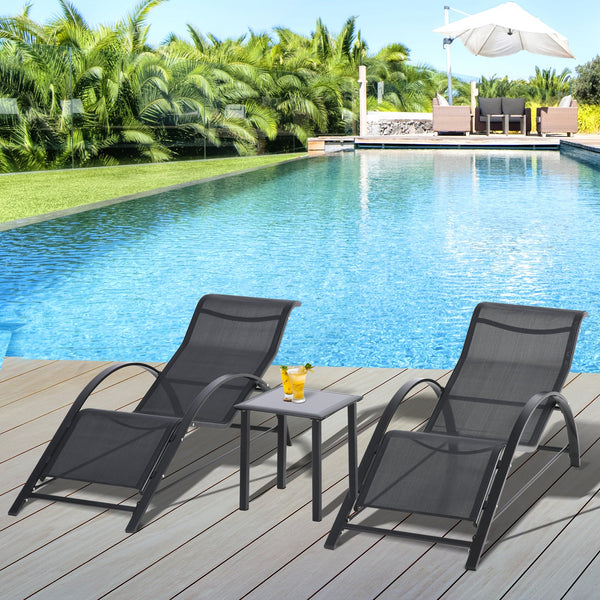 2 Espreguiçadeiras de Jardim 59x169x66 cm com Mesa 41x41x45 cm Vidro Temperado Apoio de Braços para Pátio Piscina Varanda Exterior Preto