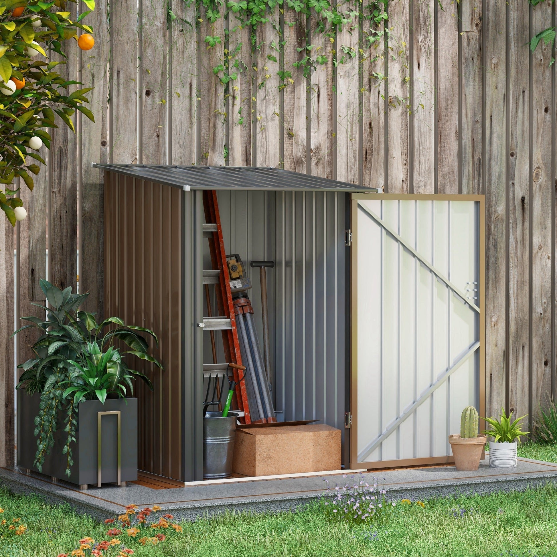 Outsunny Abrigo de Jardim 0,92 m² 100x103x160 cm Abrigo Exterior de Aço Galvanizado com Porta Fechadura e Teto Inclinado para Armazenamento de Ferramentas Marrom - A minha loja