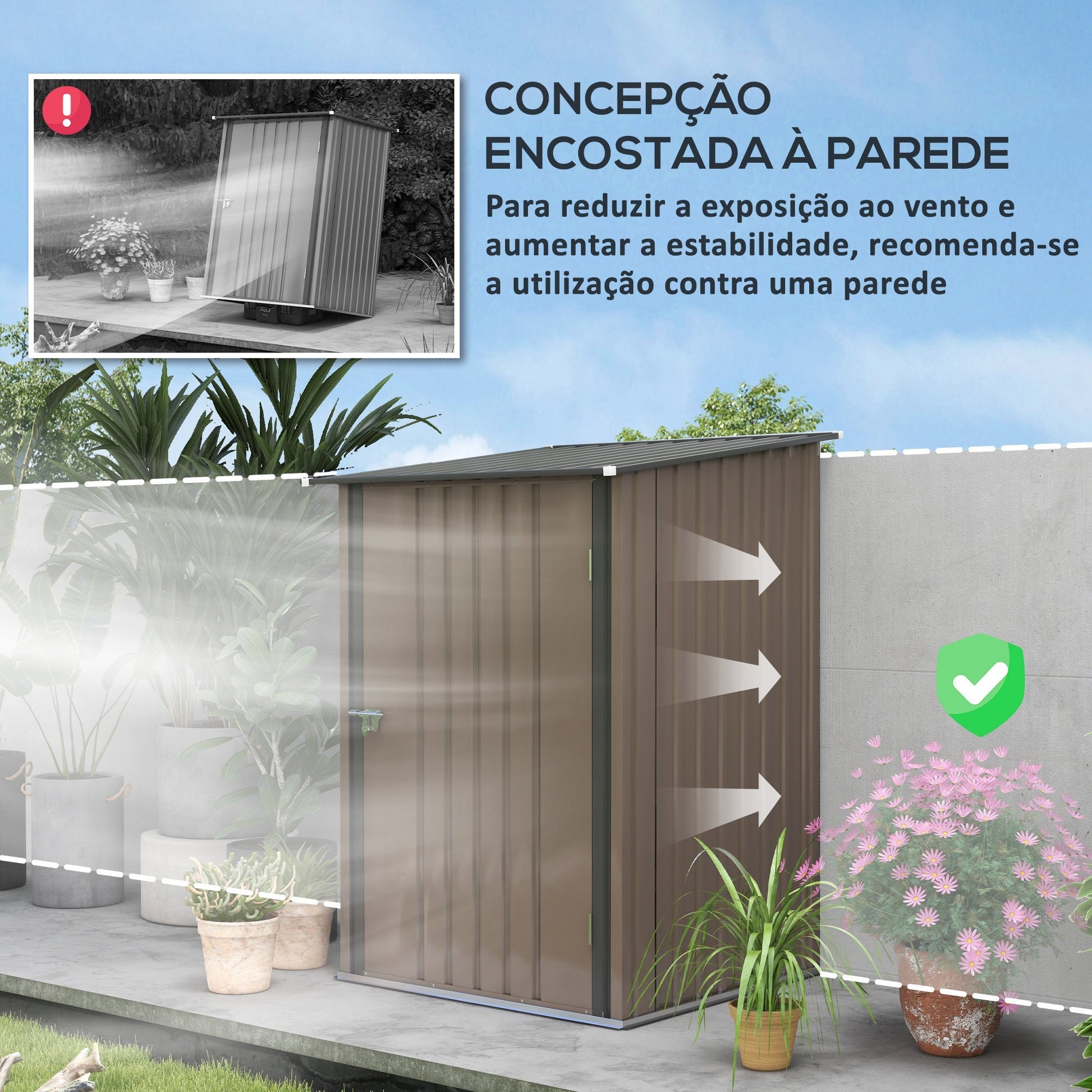 Outsunny Abrigo de Jardim 0,92 m² 100x103x160 cm Abrigo Exterior de Aço Galvanizado com Porta Fechadura e Teto Inclinado para Armazenamento de Ferramentas Marrom - A minha loja