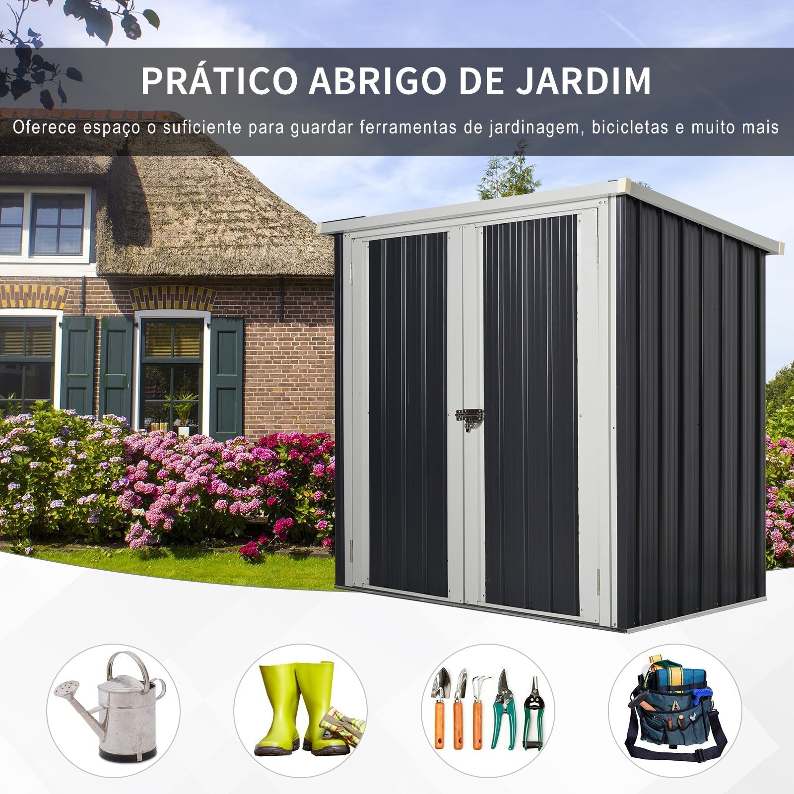 Outsunny Abrigo de Jardim 1,26 m² 147x86x134 cm Abrigo de Exterior de Aço Galvanizado com 2 Portas para Armazenamento de Ferramentas Preto - A minha loja