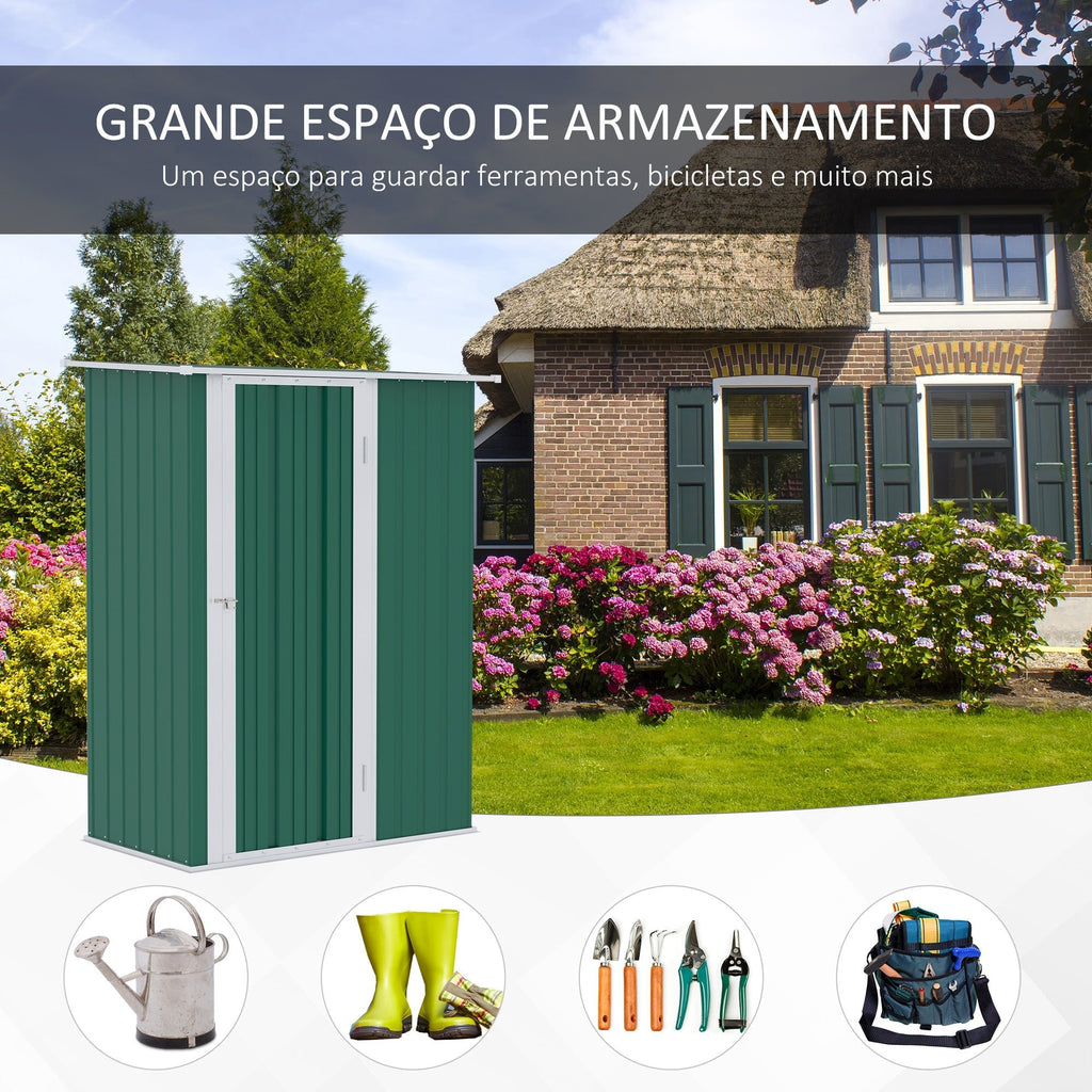 Outsunny Abrigo de Jardim 142x84x189cm Abrigo de Jardim de Aço Galvanizado com Porta Fechadura e Orifícios de Drenagem para Armazenamento de Ferramentas Verde - A minha loja