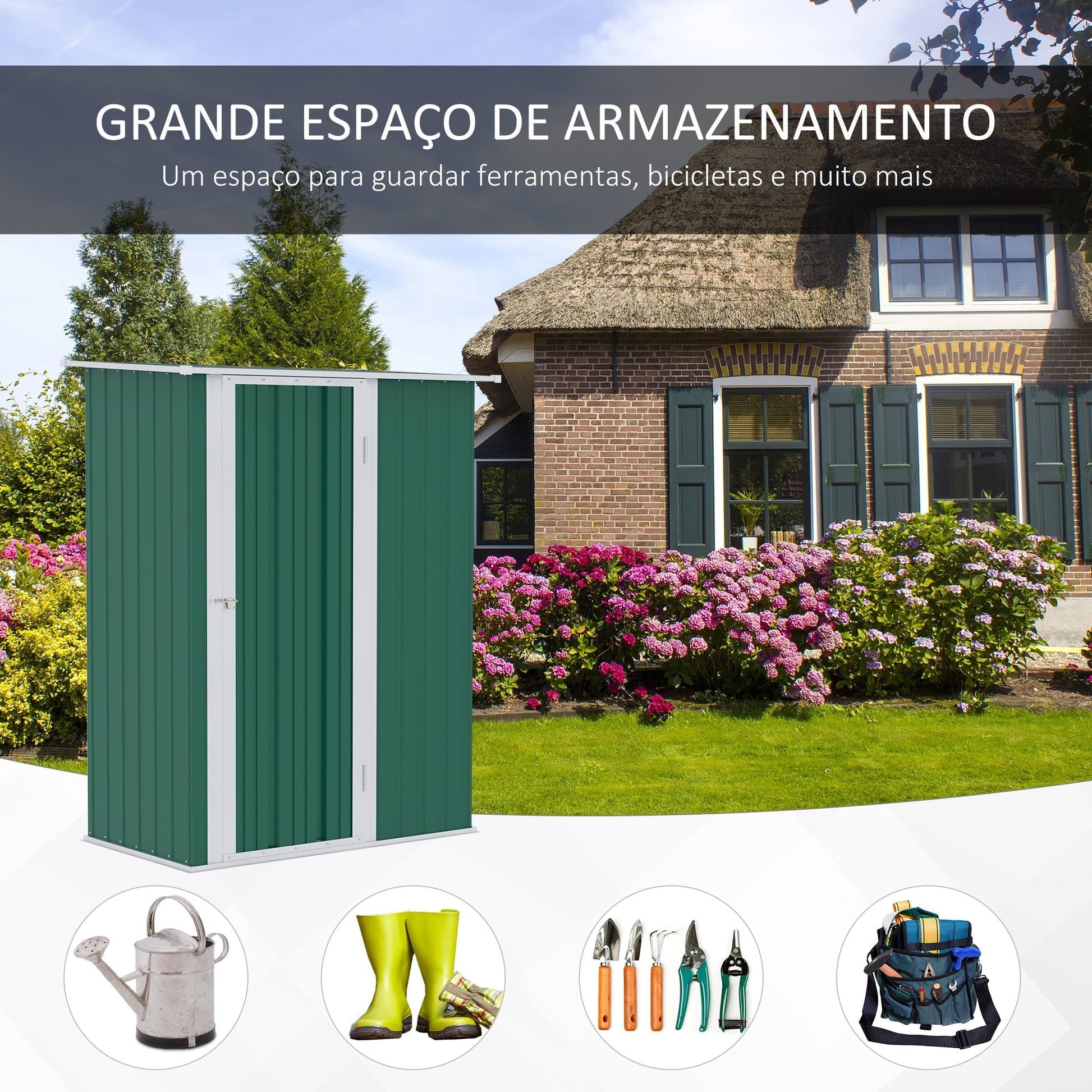 Outsunny Abrigo de Jardim 142x84x189cm Abrigo de Jardim de Aço Galvanizado com Porta Fechadura e Orifícios de Drenagem para Armazenamento de Ferramentas Verde - A minha loja