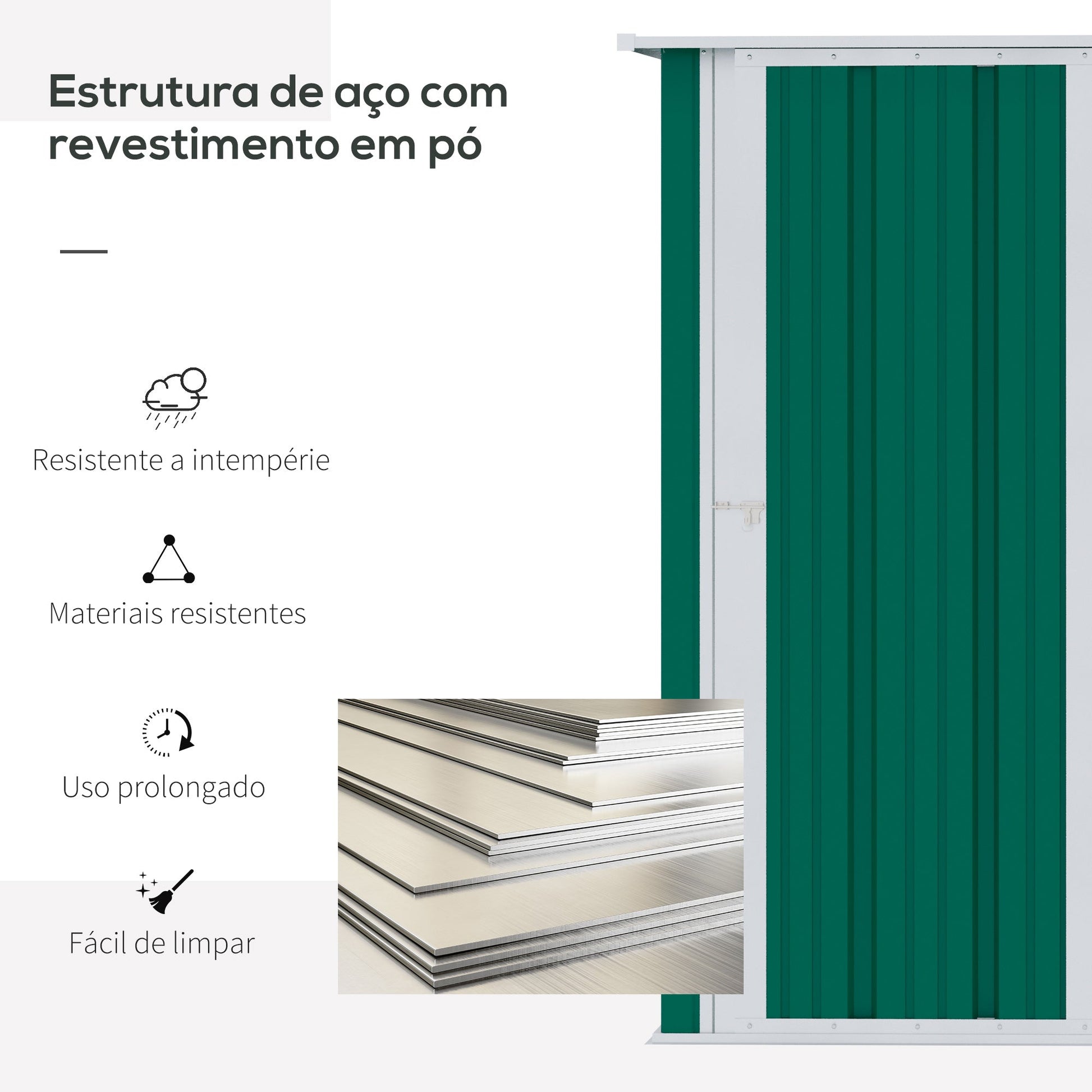Outsunny Abrigo de Jardim 142x84x189cm Abrigo de Jardim de Aço Galvanizado com Porta Fechadura e Orifícios de Drenagem para Armazenamento de Ferramentas Verde - A minha loja