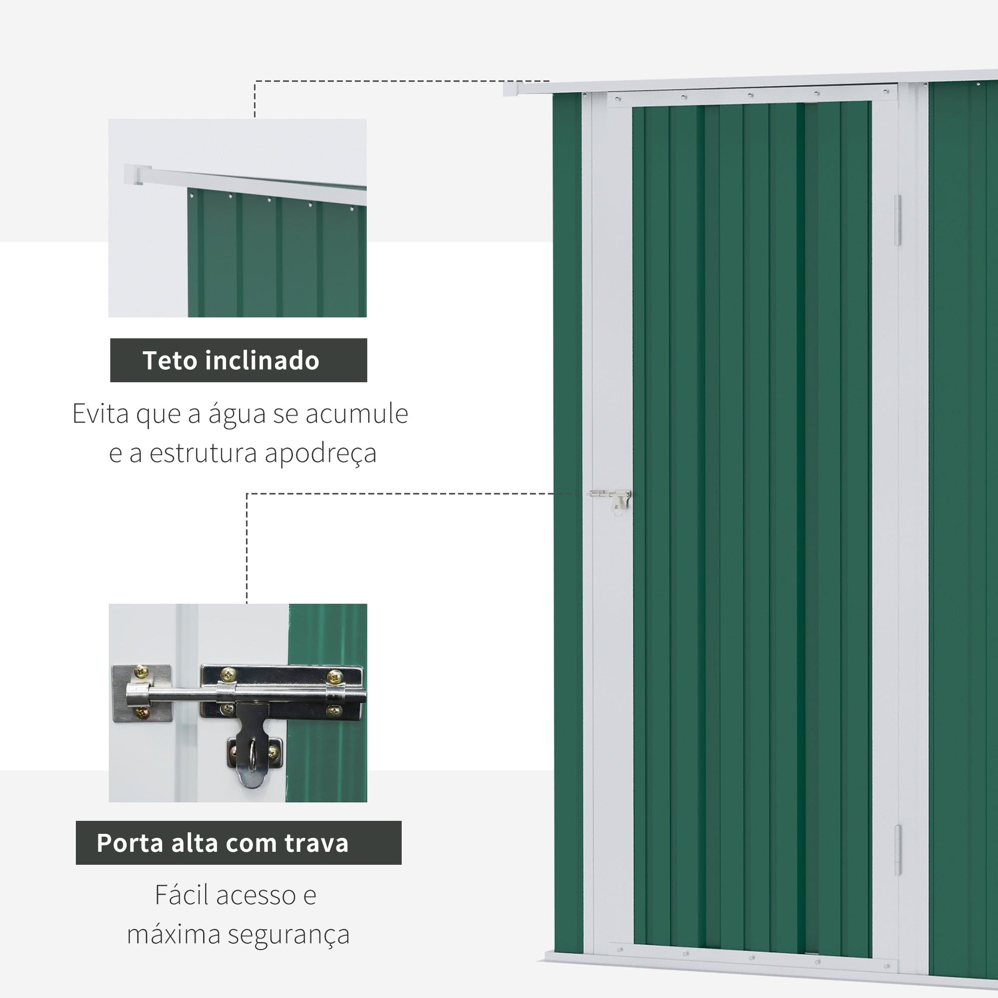 Outsunny Abrigo de Jardim 142x84x189cm Abrigo de Jardim de Aço Galvanizado com Porta Fechadura e Orifícios de Drenagem para Armazenamento de Ferramentas Verde - A minha loja