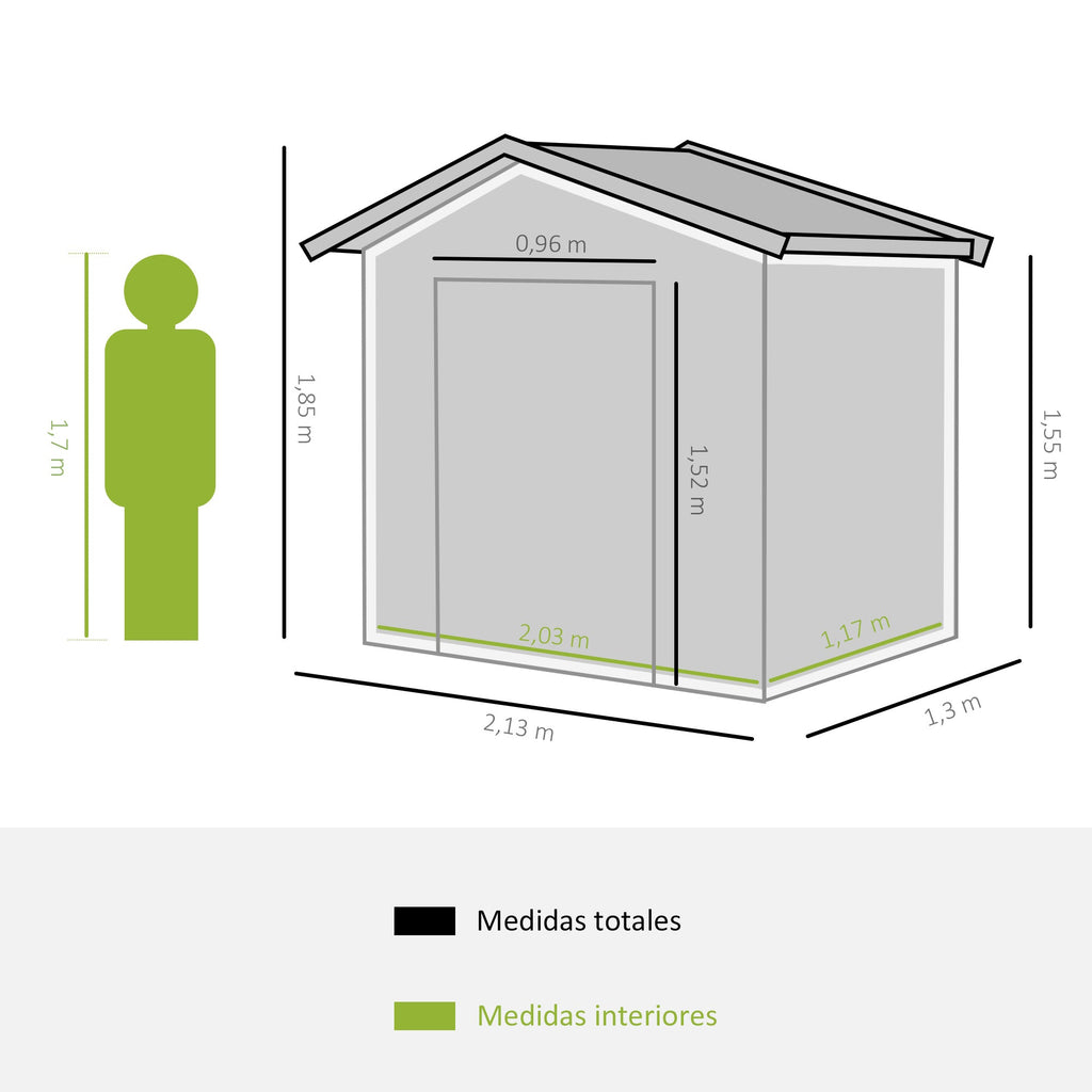 Outsunny Abrigo de Jardim 213x130x185cm Abrigo de Jardim Metálico de Exterior para Armazenamento de Ferramentas com 2 Portas Deslizantes e 4 Janelas para Terraço Verde - A minha loja