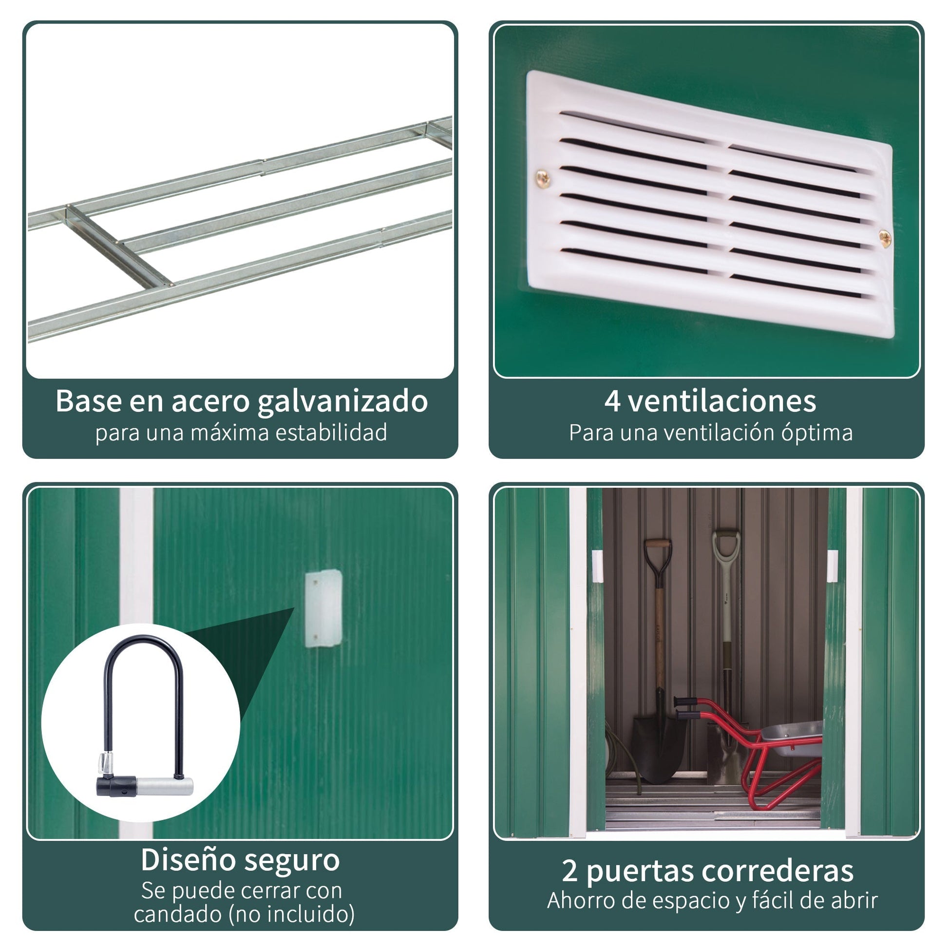Outsunny Abrigo de Jardim 213x130x185cm Abrigo de Jardim Metálico de Exterior para Armazenamento de Ferramentas com 2 Portas Deslizantes e 4 Janelas para Terraço Verde - A minha loja