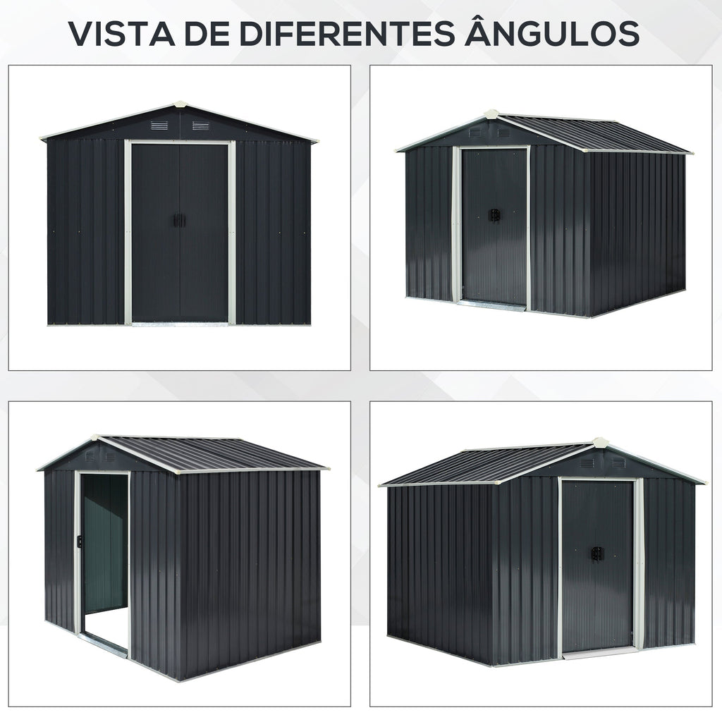 Outsunny Abrigo de Jardim de 4,1 m² 236x174x190 cm Abrigo de Exterior para Armazenamento de Ferramentas com Portas de Correr e 4 Janelas de Ventilação para Pátio Cinza - A minha loja