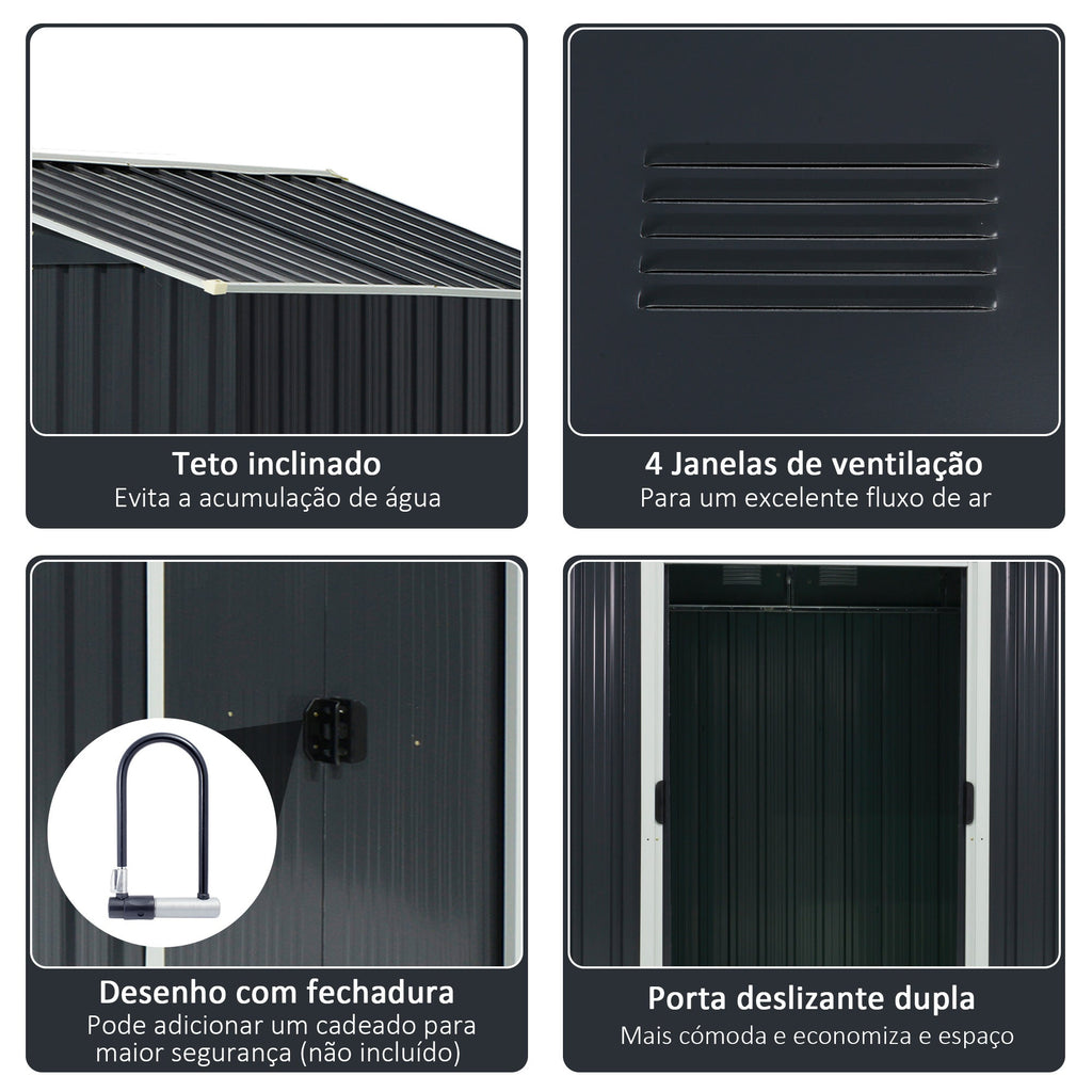Outsunny Abrigo de Jardim de 4,1 m² 236x174x190 cm Abrigo de Exterior para Armazenamento de Ferramentas com Portas de Correr e 4 Janelas de Ventilação para Pátio Cinza - A minha loja