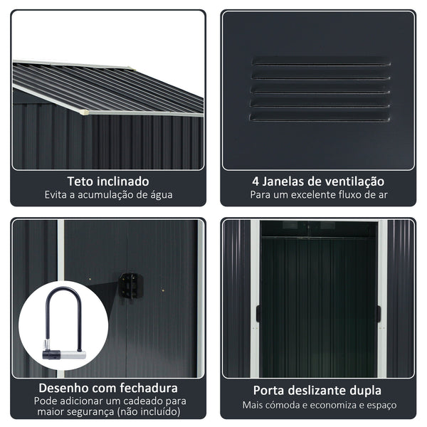 Abrigo de Jardim de 3,6 m² 236x174x190 cm Abrigo de Exterior para Armazenamento de Ferramentas com Portas de Correr e 4 Janelas de Ventilação para Pátio Cinza