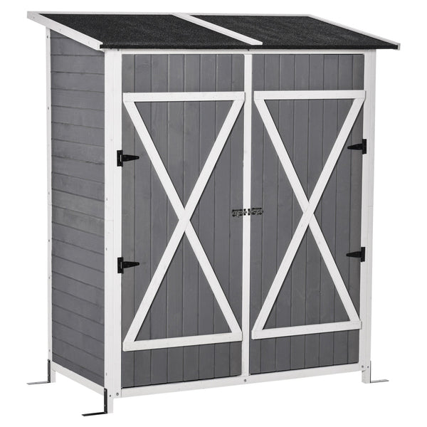 Abrigo de Jardim de Madeira 139x75x160cm Armário para Armazenamento de Ferramentas com Prateleira Móvel e Ganchos Cinza