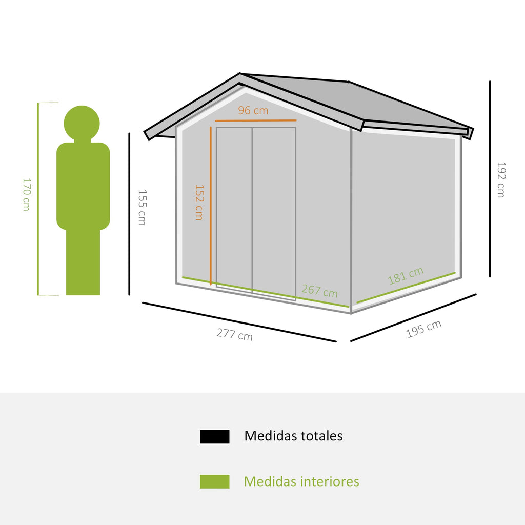 Outsunny Abrigo de Jardim Exterior 4,83m² 277x195x192cm Abrigo e Jardim Metálico para Armazenamento de Ferramentas com Base Incluída e 4 Janelas Marrom - A minha loja