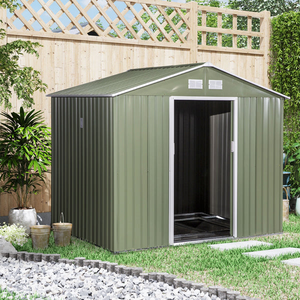 Abrigo de Jardim 4,83m² 277x195x192cm Abrigo e Jardim Metálico para Armazenamento de Ferramentas com Base de Reforço Incluída e 4 Janelas Verde Claro