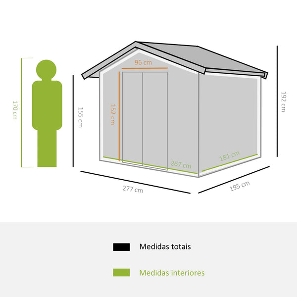 Abrigo de Jardim Exterior 4,83m² 277x195x192cm Abrigo de Jardim Metálico para Armazenamento de Ferramentas com Base de Reforço Incluída e 4 Janelas Verde Escuro