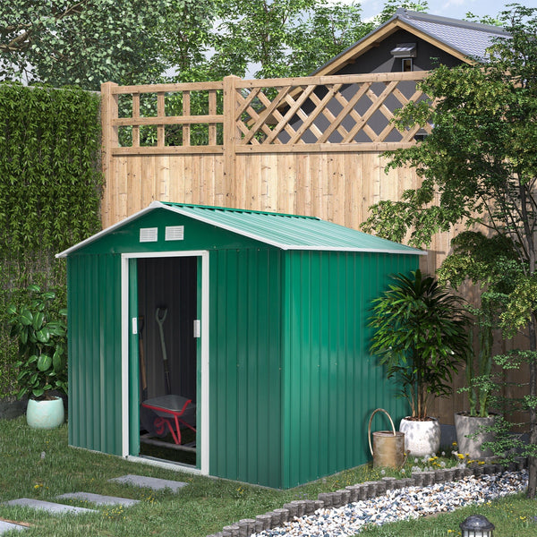 Abrigo de Jardim Exterior 4,83m² 277x195x192cm Abrigo de Jardim Metálico para Armazenamento de Ferramentas com Base de Reforço Incluída e 4 Janelas Verde Escuro