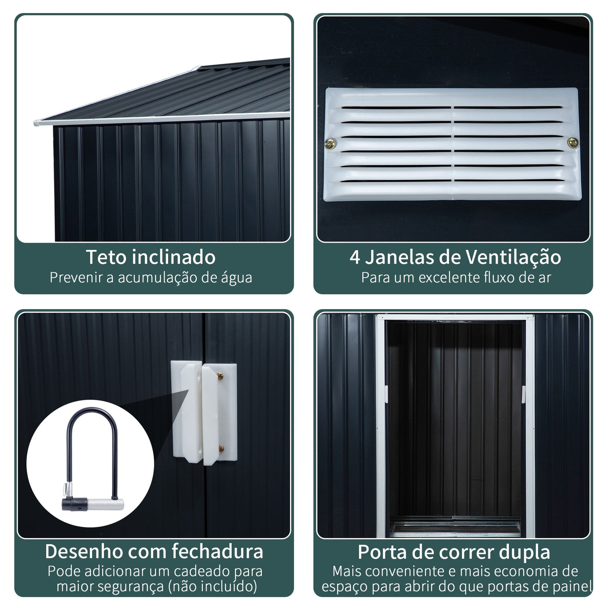 Outsunny Abrigo de Jardim Exterior Abrigo e Jardim Metálico para Armazenamento de Ferramentas com Base Incluída e 4 Janelas 277x195x192cm Cinza Escuro - A minha loja